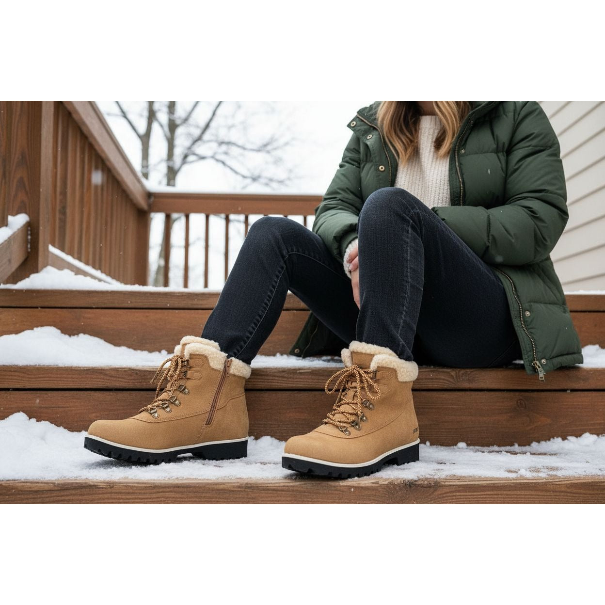 Jsport Boots Woman Faux Fur Shearling Chunky Lug Outdoor Winter Snow Shoes