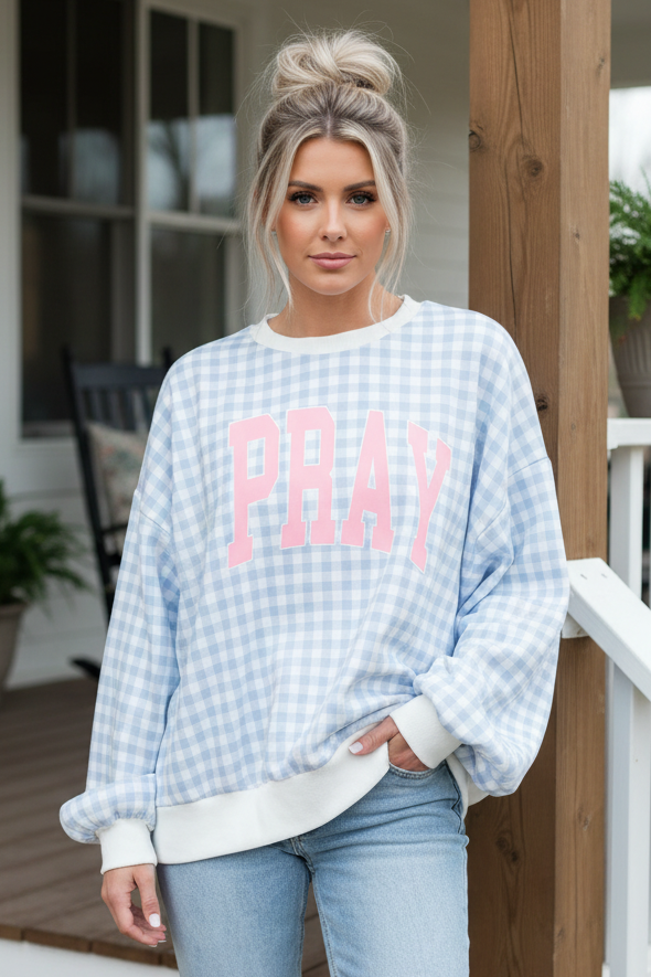 Oversized PRAY Graphic Check Gingham Plaid Balloon Sleeve Crew Neck Sweatshirt