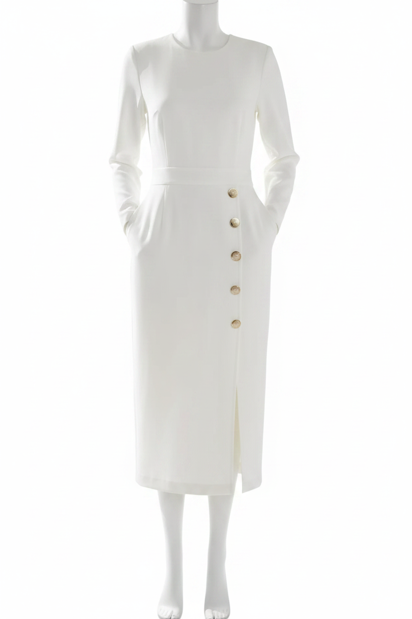 Long Sleeve Dress Round Neck Button Accent Side Pockets Slit Midi