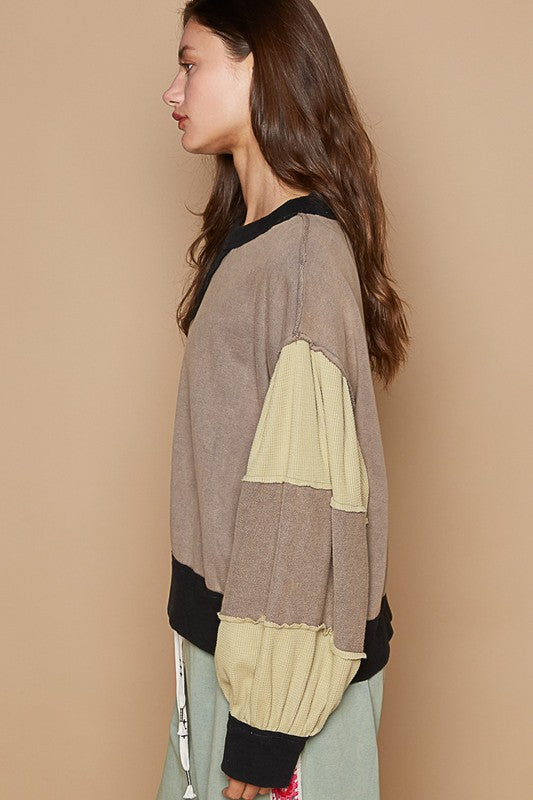 POL Contrast Waffle Knit Patchwork Top Oversized Raw Exposed Seam Sweatshirt