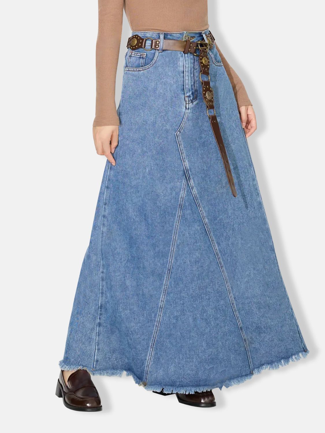 Retro Pocket High-Rise Waist Wide Panel Distressed Fringe Denim Blue Jean Maxi Skirt