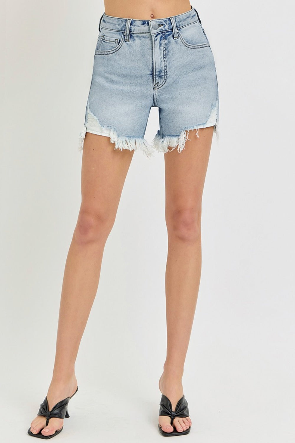 RISEN High Rise Waist Distressed Denim Cut-off Frayed Mid-length Step Blue Jean Shorts