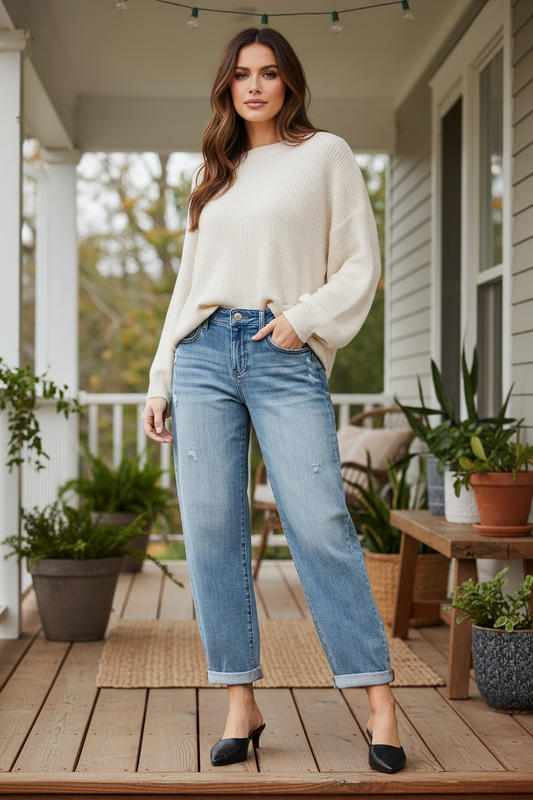 Risen High-Rise Baggy Barrel Jeans Rolled Tapered Cuffed Ankle Distressed Denim Pants