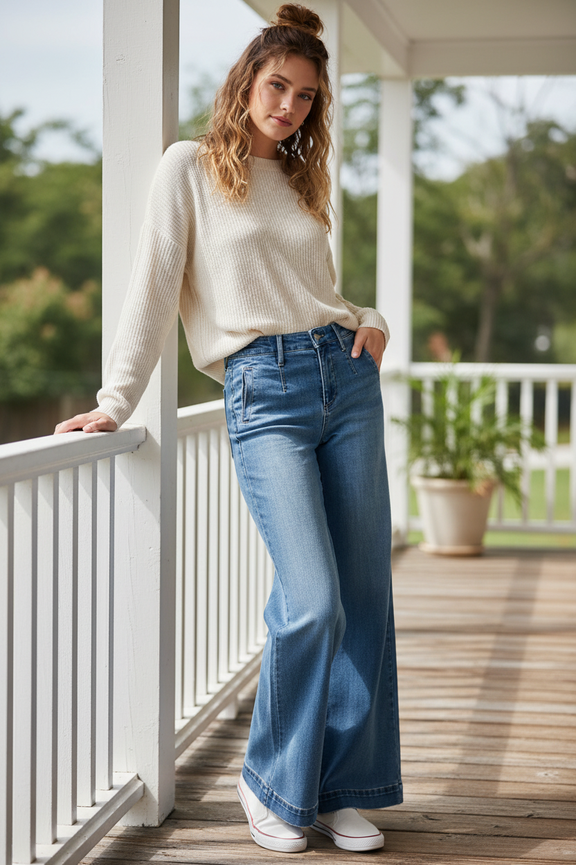 RISEN Hidden Elastic Tummy Control Band High-Rise Waist Baggy Wide Leg Denim Jeans