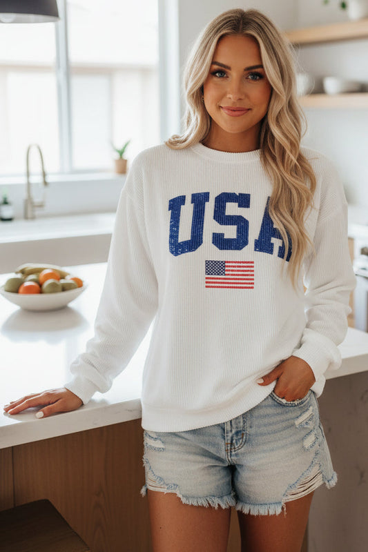 Rustic USA Flag Graphic Corded Rib Lightweight Long Sleeve Top American Sweatshirt