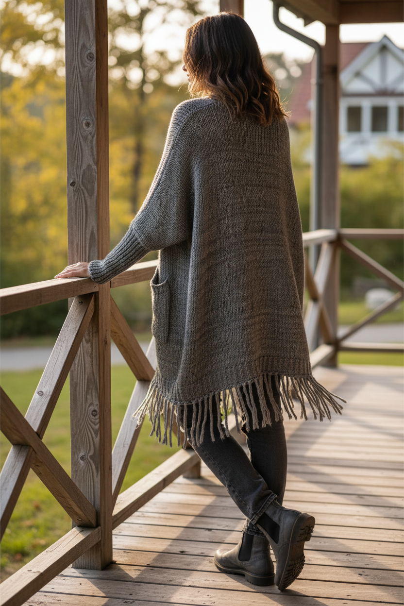 Dramatic Fringe Patch Pockets Long Sleeve Baggy Oversized Sweater