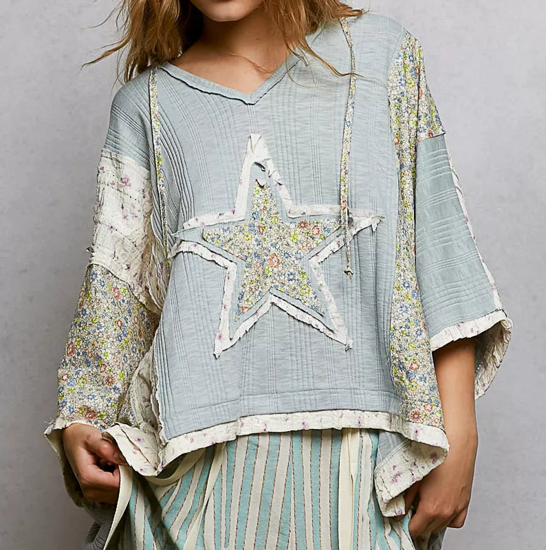 POL Star Oversized Floral Lace Patchwork Hoodie Blouse Raw Seam Retro Boxy Top Blue