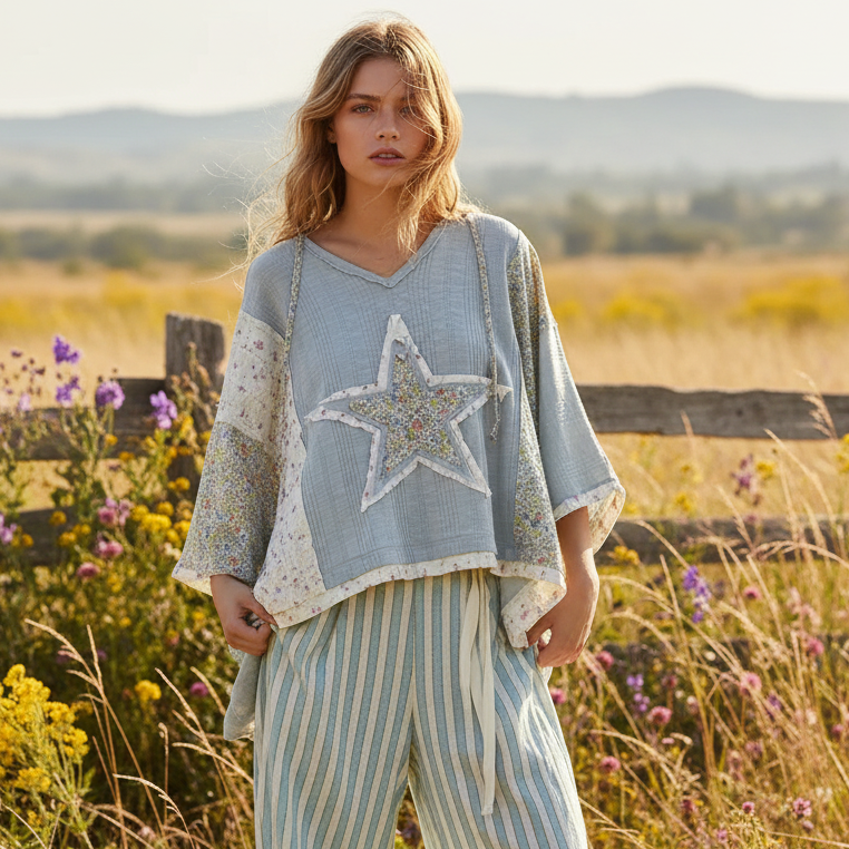 POL Star Oversized Floral Lace Patchwork Hoodie Blouse Raw Seam Retro Boxy Top Blue
