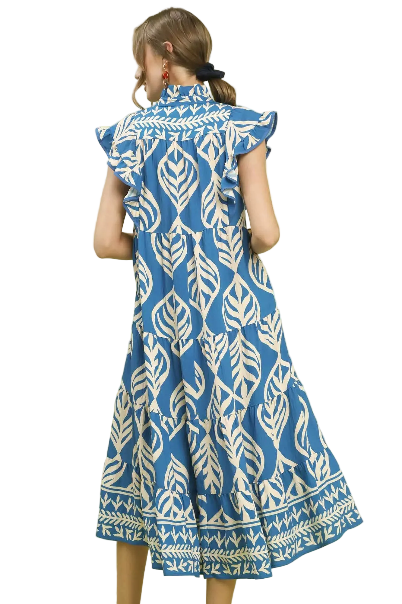 Umgee Ruffle V-Neck Flutter Sleeve Contrasting Color Leaf Tiered Midi Dress