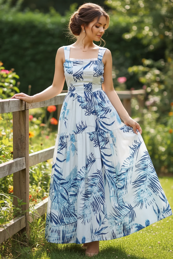 Tropical Palm Lace Trim Tie Back Drop Basque Waist Fit and Flare Tiered Maxi Dress