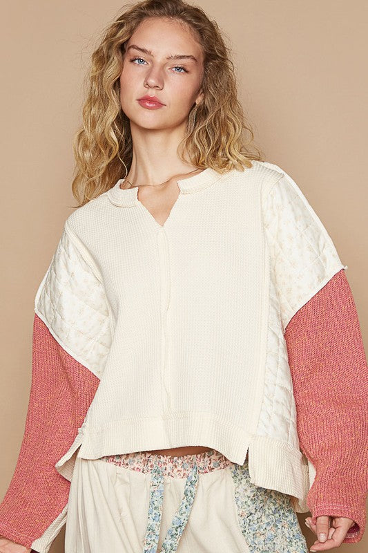 POL Quilted Contrast Waffle Knit Crop Top Patchwork High-low Long Sleeve Sweater