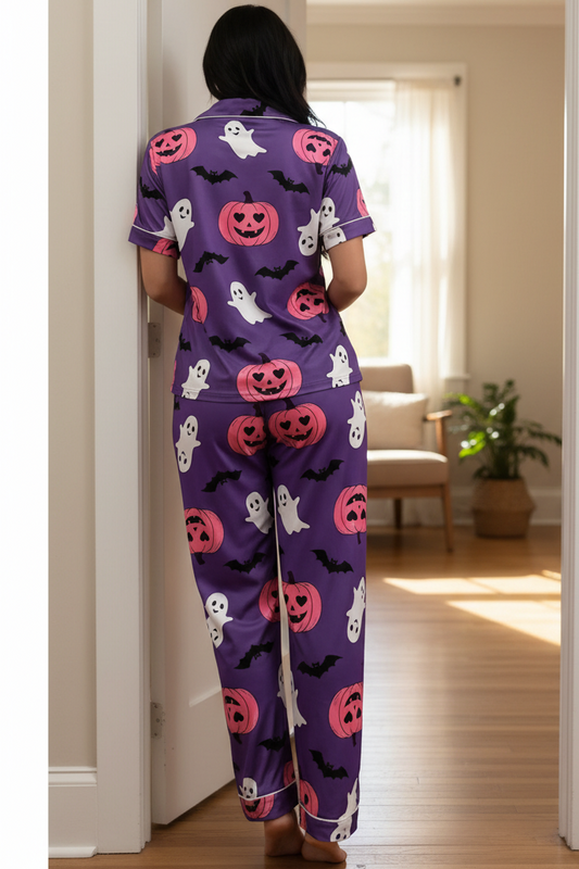 Pumpkin Ghost Button-Down Short Sleeve Set Lounge Pants Matching Halloween Pajamas