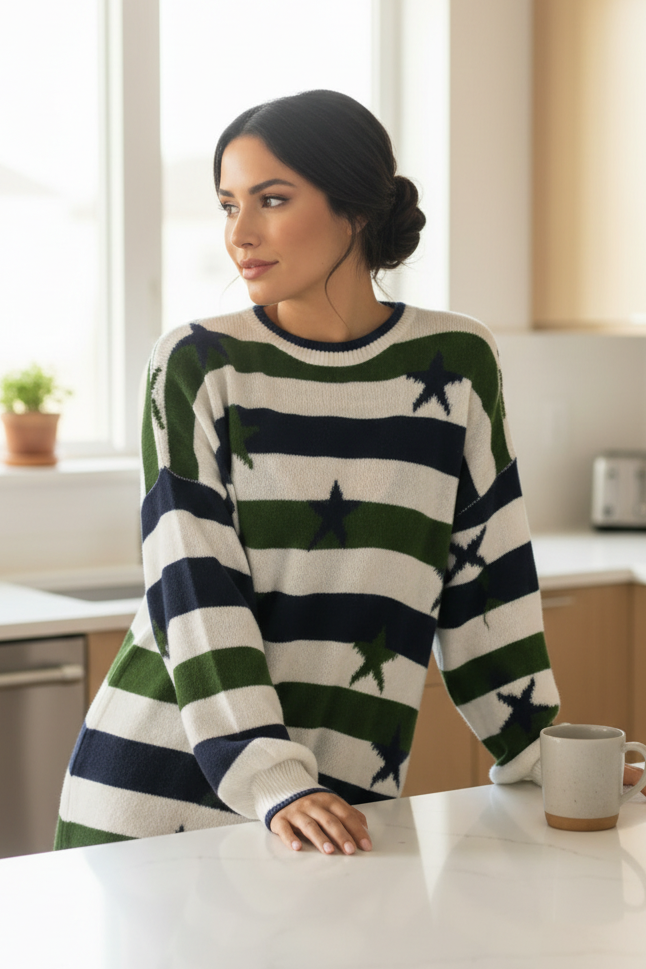 Oversized Stars and Stripes High-Low Long Sleeve Knit American Sweater