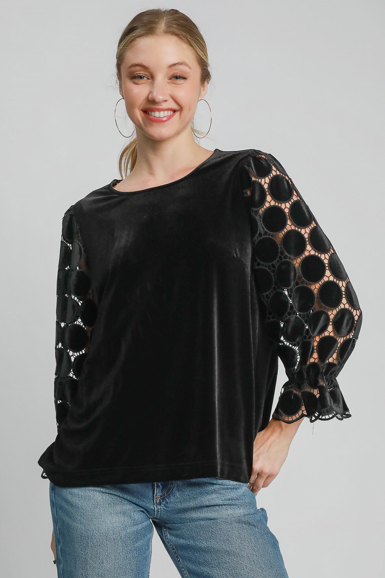 Umgee Lace Velvet Retro Top Sheer Polka-dot Ruffle Long Sleeve Shirt Boho Blouse