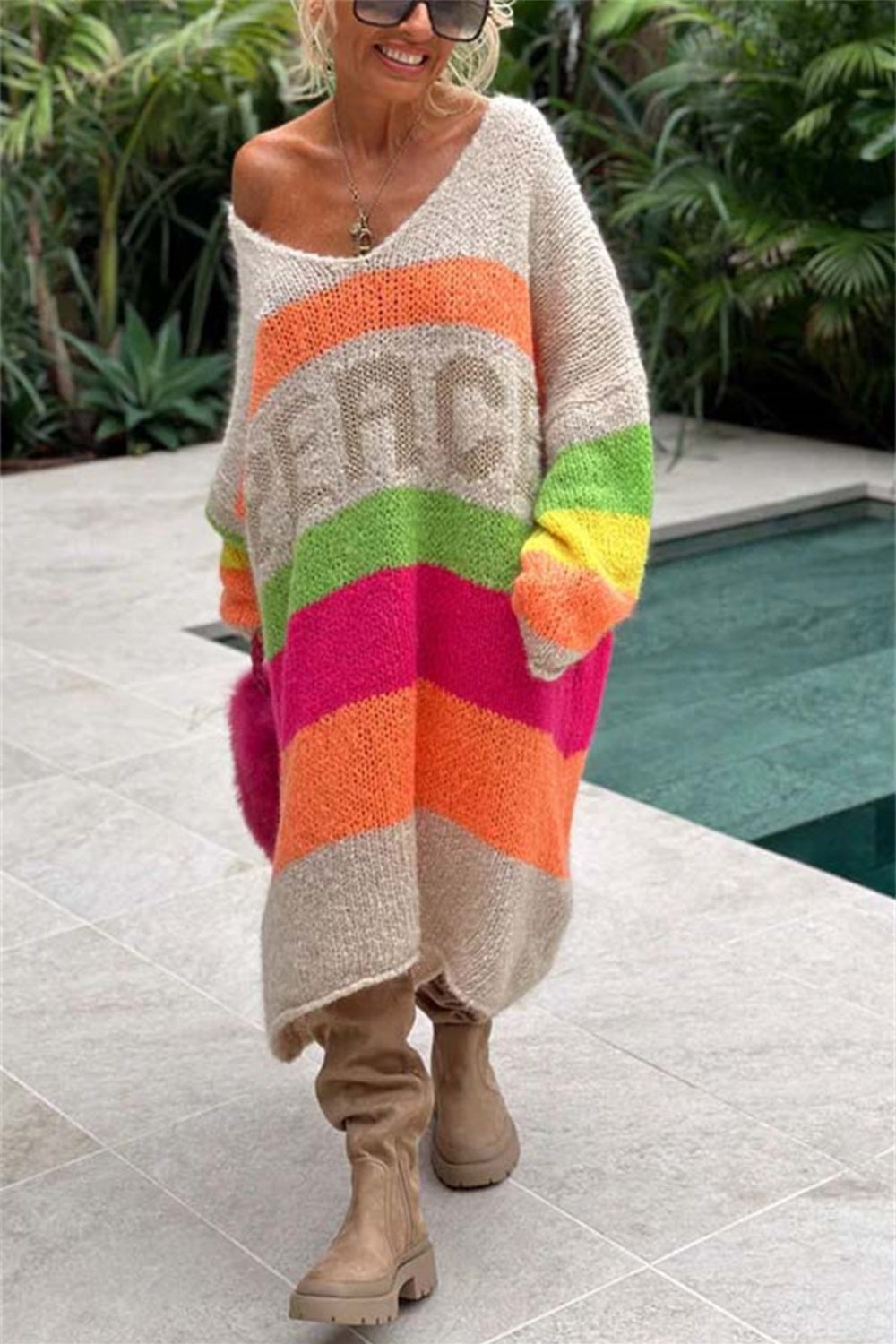 PEACE Oversized Knit Sweater Dress Colorful Contrasting Long Sleeve Knee Midi