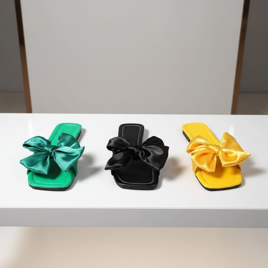 Bold Oversized Silky Bow Sandals Square Open Toe Slip-On Flats Coquette Shoes