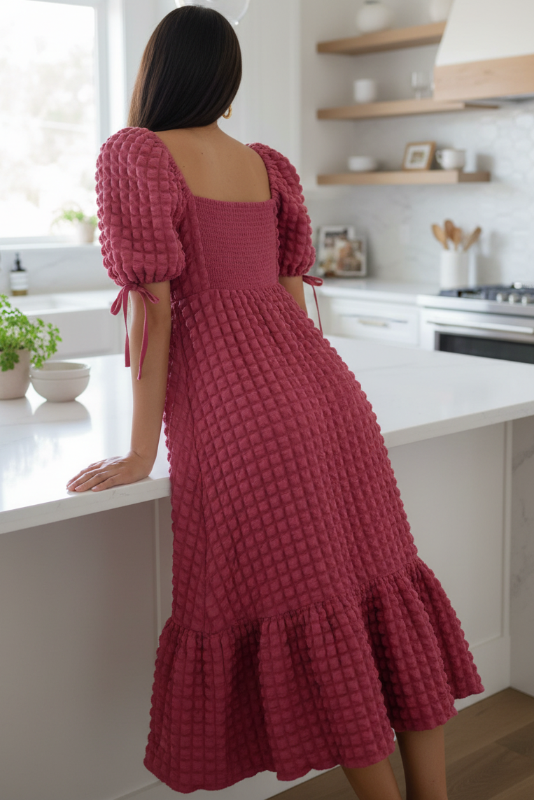 3D Popcorn Bubble Textured Sweetheart Neck Short Sleeve Smocked Back Tiered Midi Dress