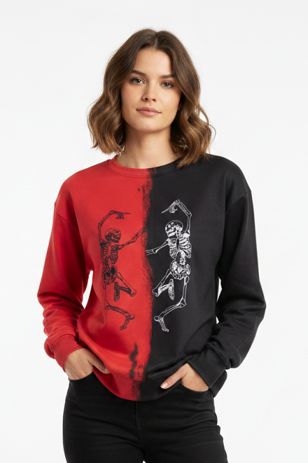 Dancing Skeletons Spray Paint Colorblock Oversized Halloween Pullover Sweatshirt
