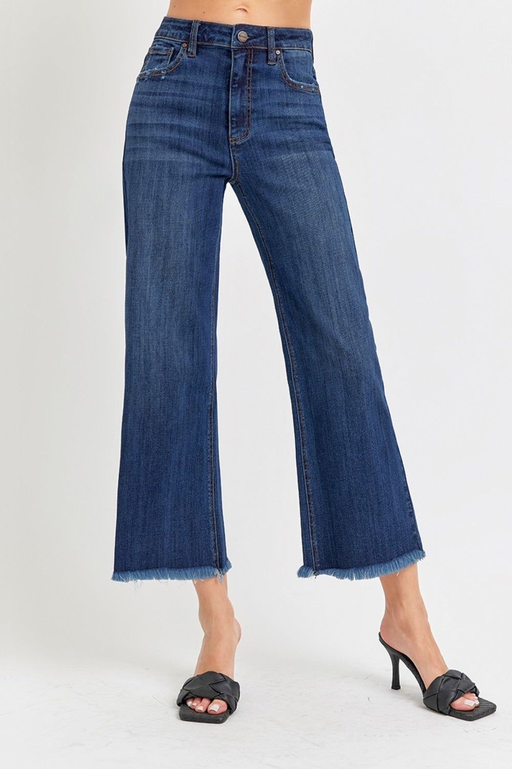 High-Rise Denim Jeans Wide Leg Cropped Raw Frayed Hem Retro Pants RISEN