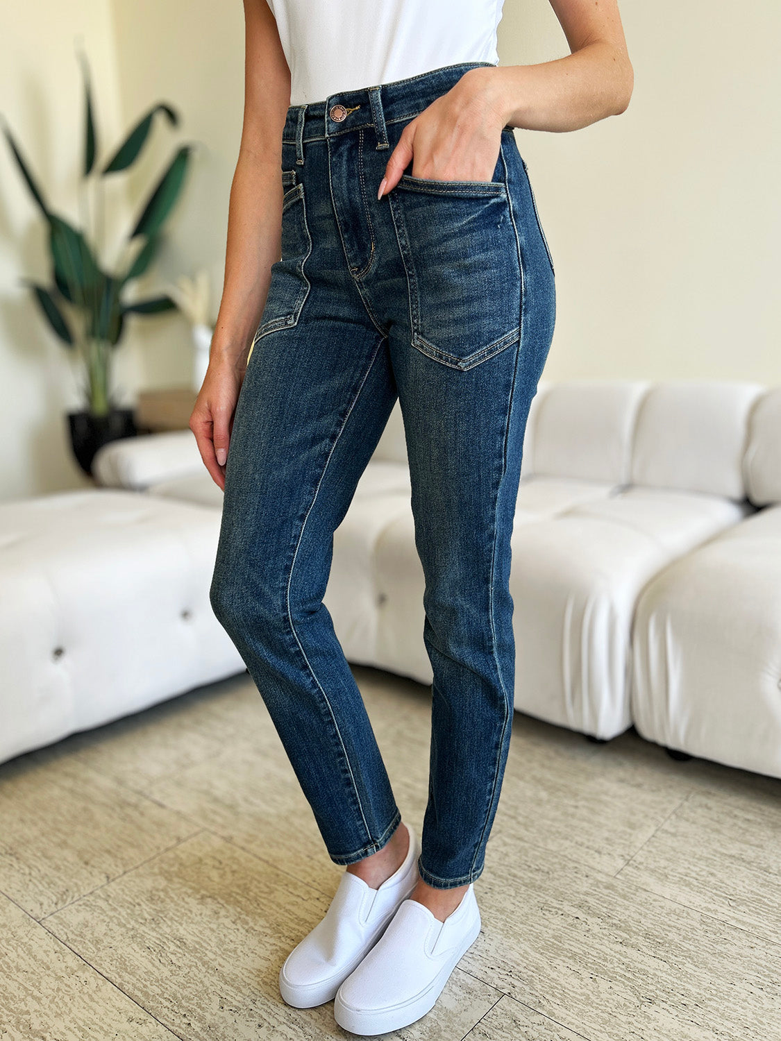 High Waist Skinny Stretch Slim Retro 90s Mom Patch Pocket Jean Pants Judy Blue