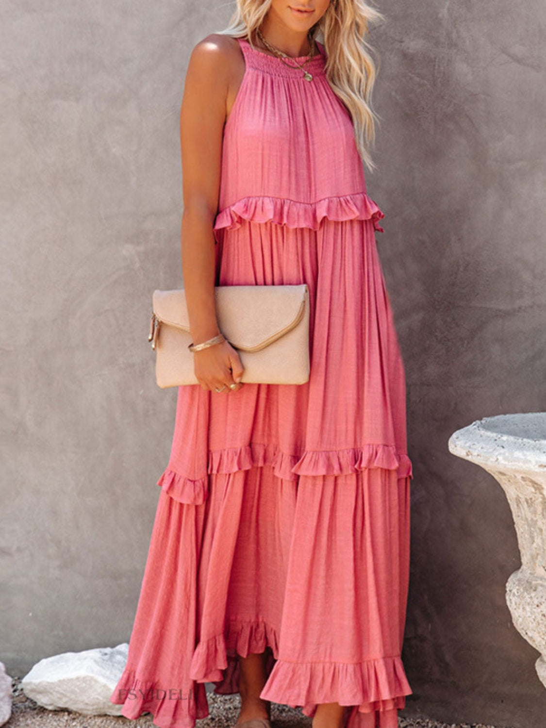 Ruffle Sleeveless Grecian Tie Back Tiered Summer Side Pocket Oversized High-Low Maxi Dress