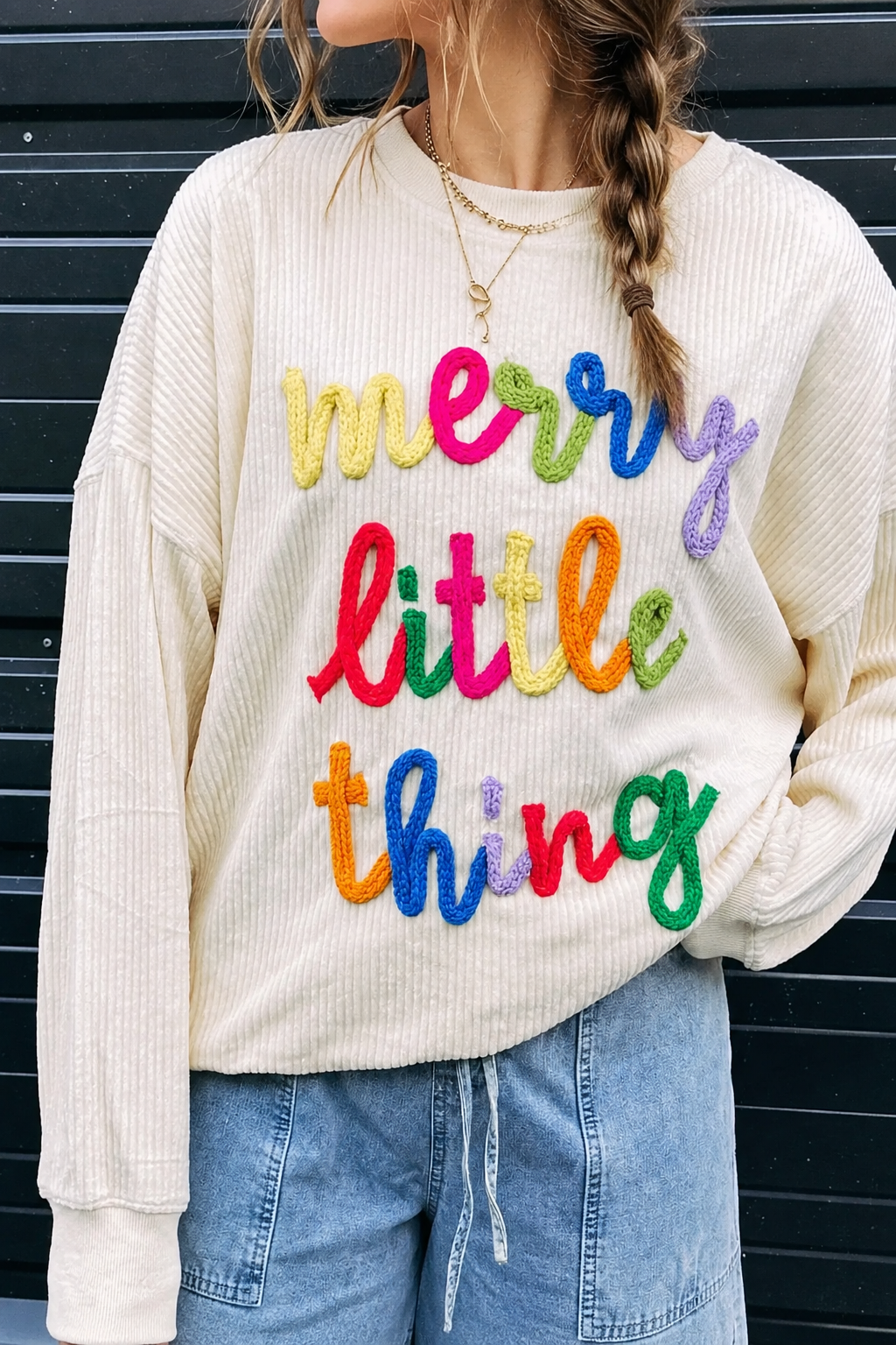 Merry Little Thing Crochet Letter Ribbed Crewneck Sweatshirt Colorful Holiday Pullover