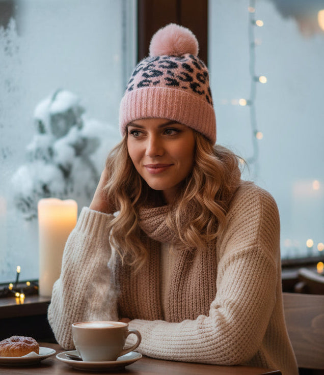 Fuzzy Eyelash Knit Leopard Faux Rabbit Fur Pom-Pom Beanie Winter Skullcap Pull-on Hat Adult