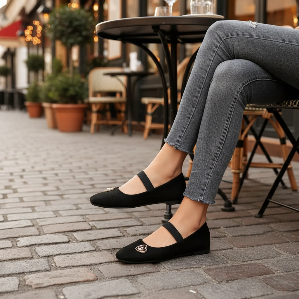 Gold Heart Elastic Strap Ballet Square Toe Slip-On Mary Jane Faux Vegan Suede Shoes