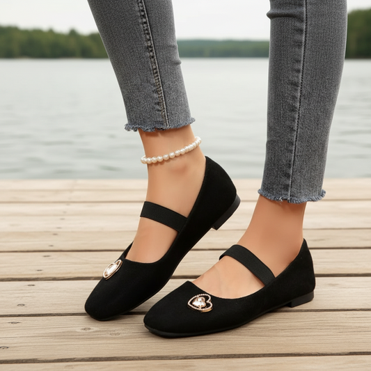 Gold Heart Elastic Strap Ballet Square Toe Slip-On Mary Jane Faux Vegan Suede Shoes