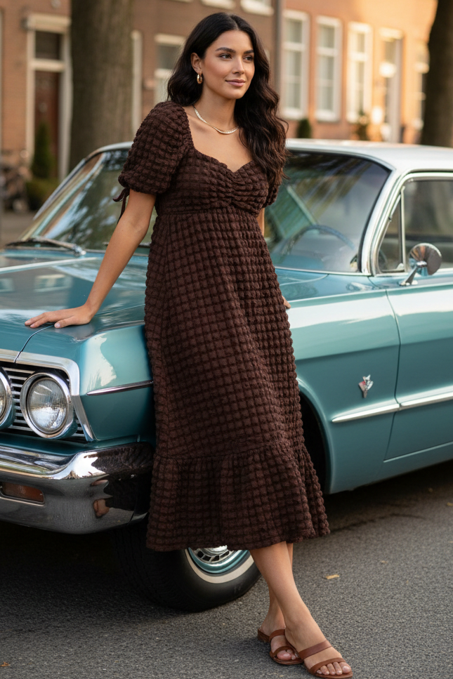 3D Popcorn Bubble Textured Sweetheart Neck Short Sleeve Smocked Back Tiered Midi Dress