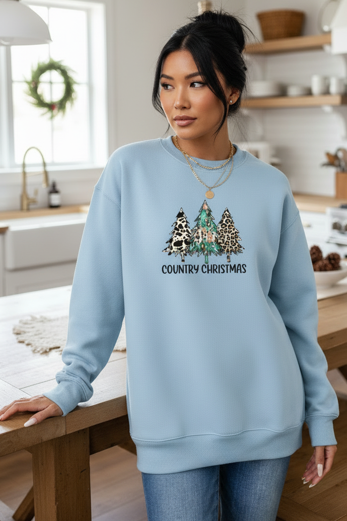 Country Christmas Animal Tree Western Cowgirl Top Crew Neck Pullover Sweatshirt
