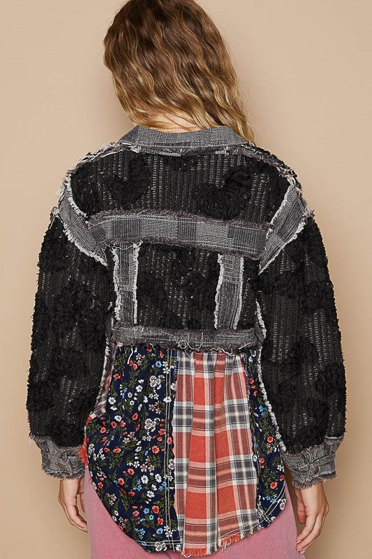 POL Crochet Knit Boho Jacket Retro Floral Farmhouse Plaid Patchwork Collar Button-up