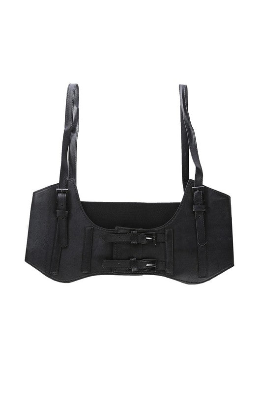 Faux Leather Corset Underbust Waist Belt Harness Shoulder Straps