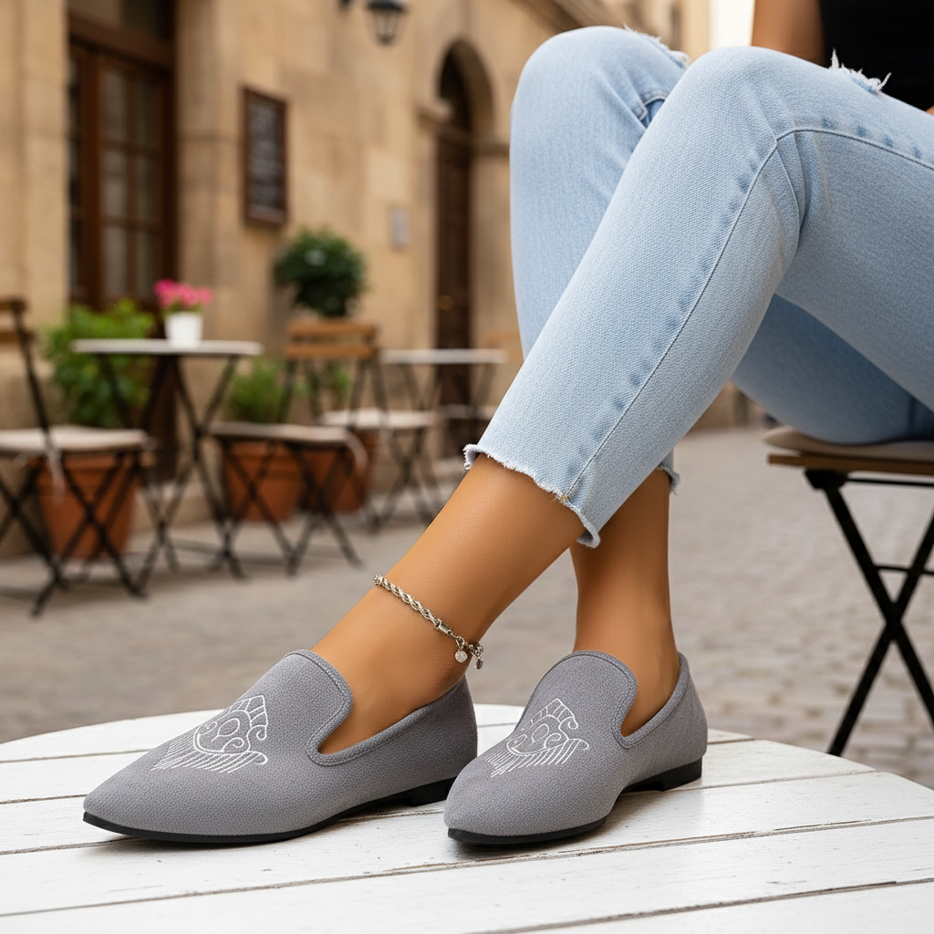Pointed Toe Embroidered Slip-On Loafer or Ankle Strap Mary Jane Ballet Flats Vegan Suede Shoes