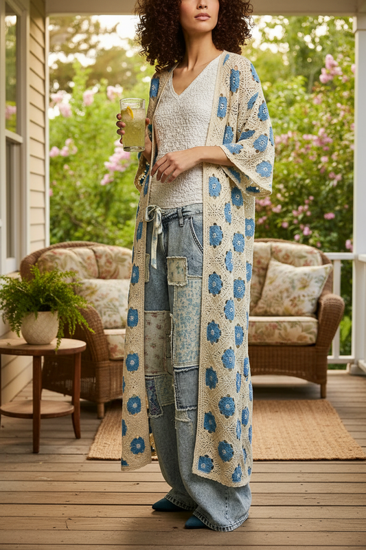 POL Patchwork Openwork Crochet Longline Cardigan Open Front Contrast Duster Sky Blue