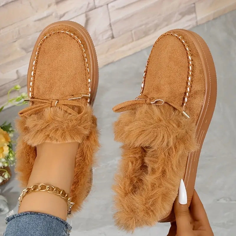 Bow Top Plush Faux Fur Loafers Slip-On Moccasin Soft Flat Outdoor House Shoes