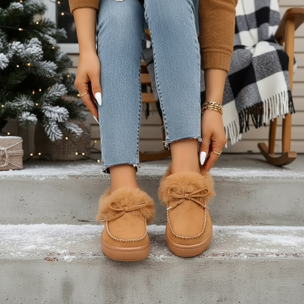 Bow Top Plush Faux Fur Loafers Slip-On Moccasin Soft Flat Outdoor House Shoes
