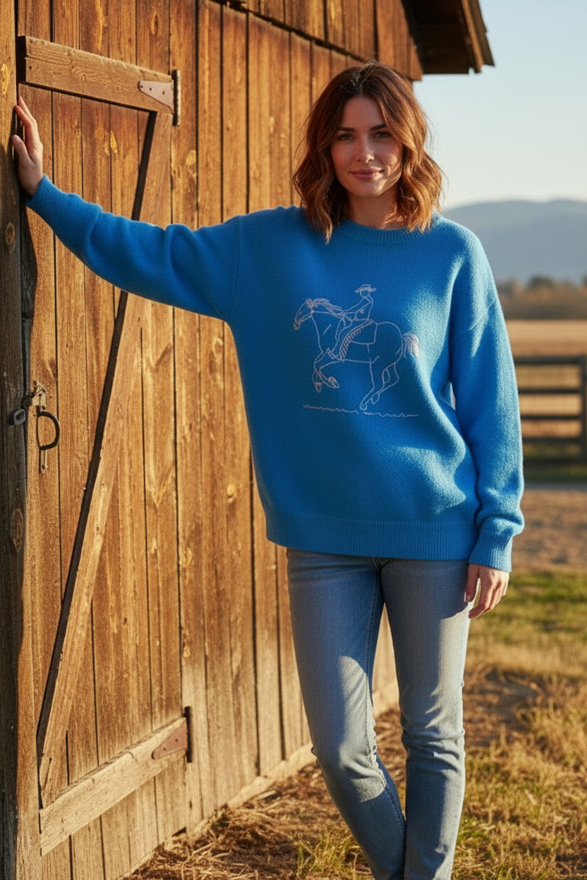 Embroidered Western Cowboy Horse Crew Neck Relaxed Fit Pullover Knit Sweater
