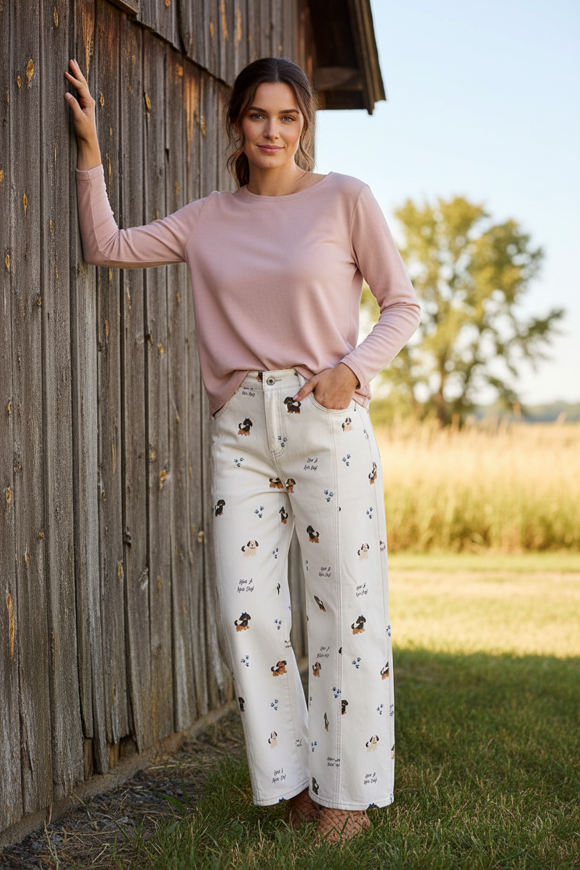 Dog Paw Print Have A Nice Day High Rise Wide Leg Jeans Relaxed Fit Denim Pants