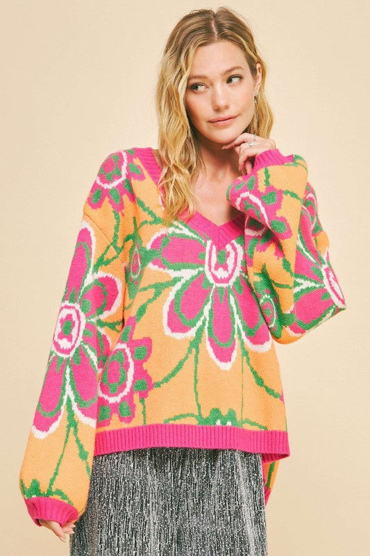 DAVI & DANI Retro Floral Bright Neon Long Sleeve Oversized Pullover Sweater Top