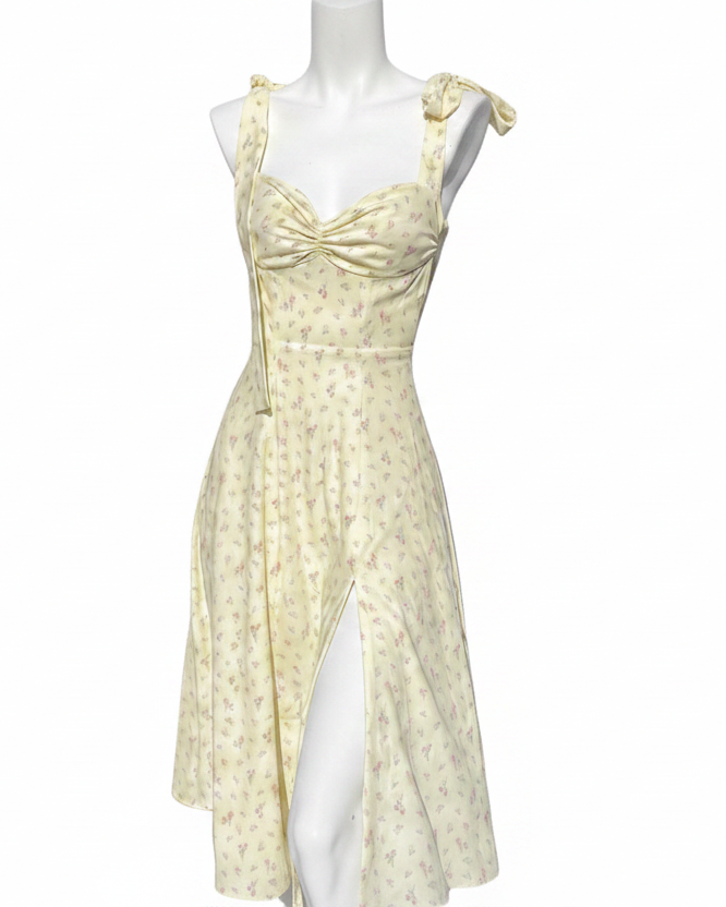 Retro Floral Cotton Blend Bow Tie-Shoulder Sweetheart Neck High Slit Midi Dress