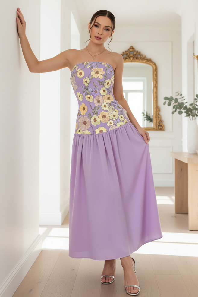 Floral Embroidered Strapless Corset Drop Waist Colorful Fit and Flare Maxi Dress