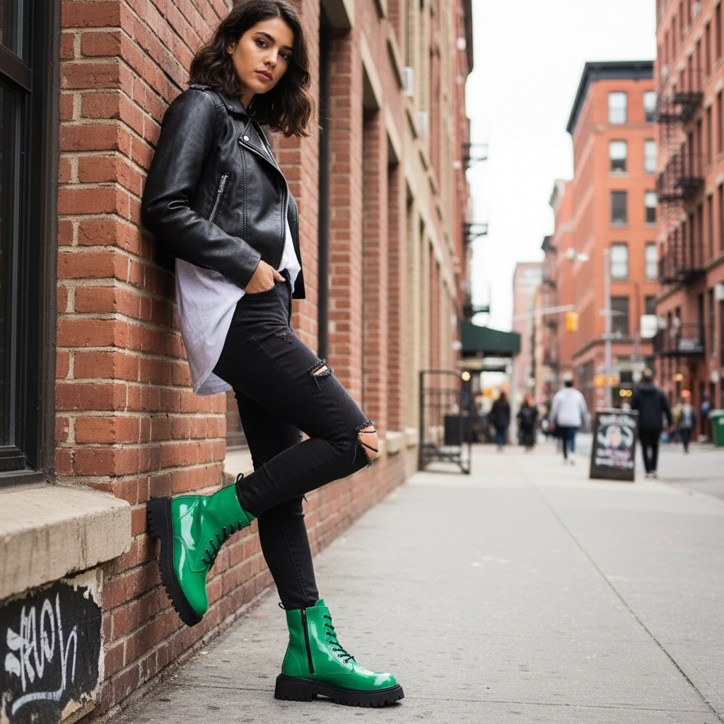 Bright Platform Chunky Lug Combat Boots Vegan Patent Leather Lace-Up K-pop Shoes