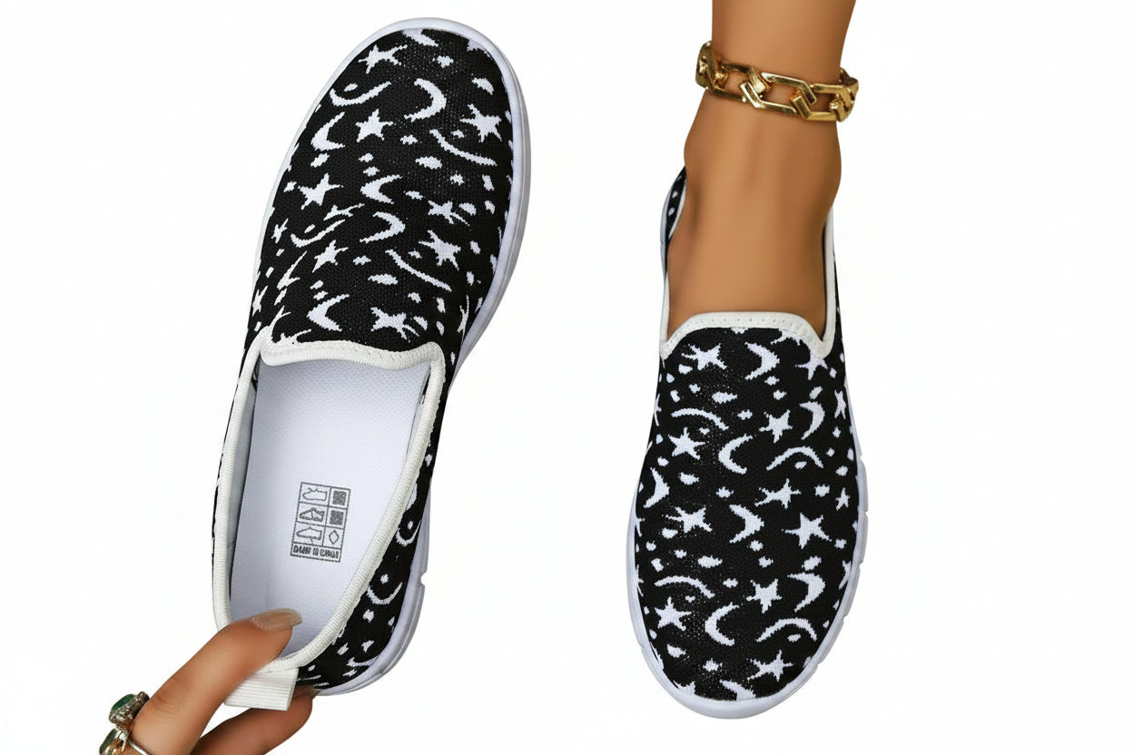 Celestial Star Moon Stretch Knit Slip-On Sneakers Color Contrasting Casual Shoes