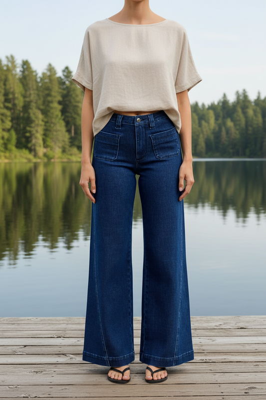 Judy Blue High-Rise Ultra Wide Leg Jeans 70s Retro Denim Patch Pocket Bent Seam Pants