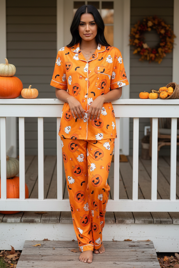 Pumpkin Ghost Button-Down Short Sleeve Set Lounge Pants Matching Halloween Pajamas
