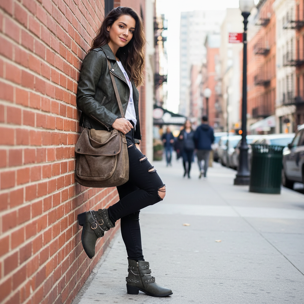 Studded Buckle Ankle Boots Vegan Leather Moto Strappy Urban Block Heel Shoes