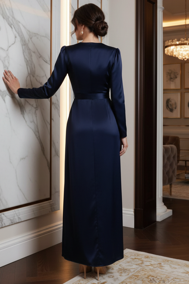 Satin Surplice V-Neck Ruched Side Tie Long Sleeve Lustrous Sleek Maxi Dress