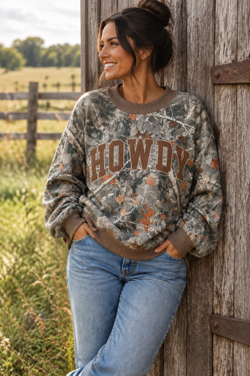 Mallard Duck Howdy Camo Oversized Top Southern Crewneck Western  Sweatshirt Contrast Ribbed Trim