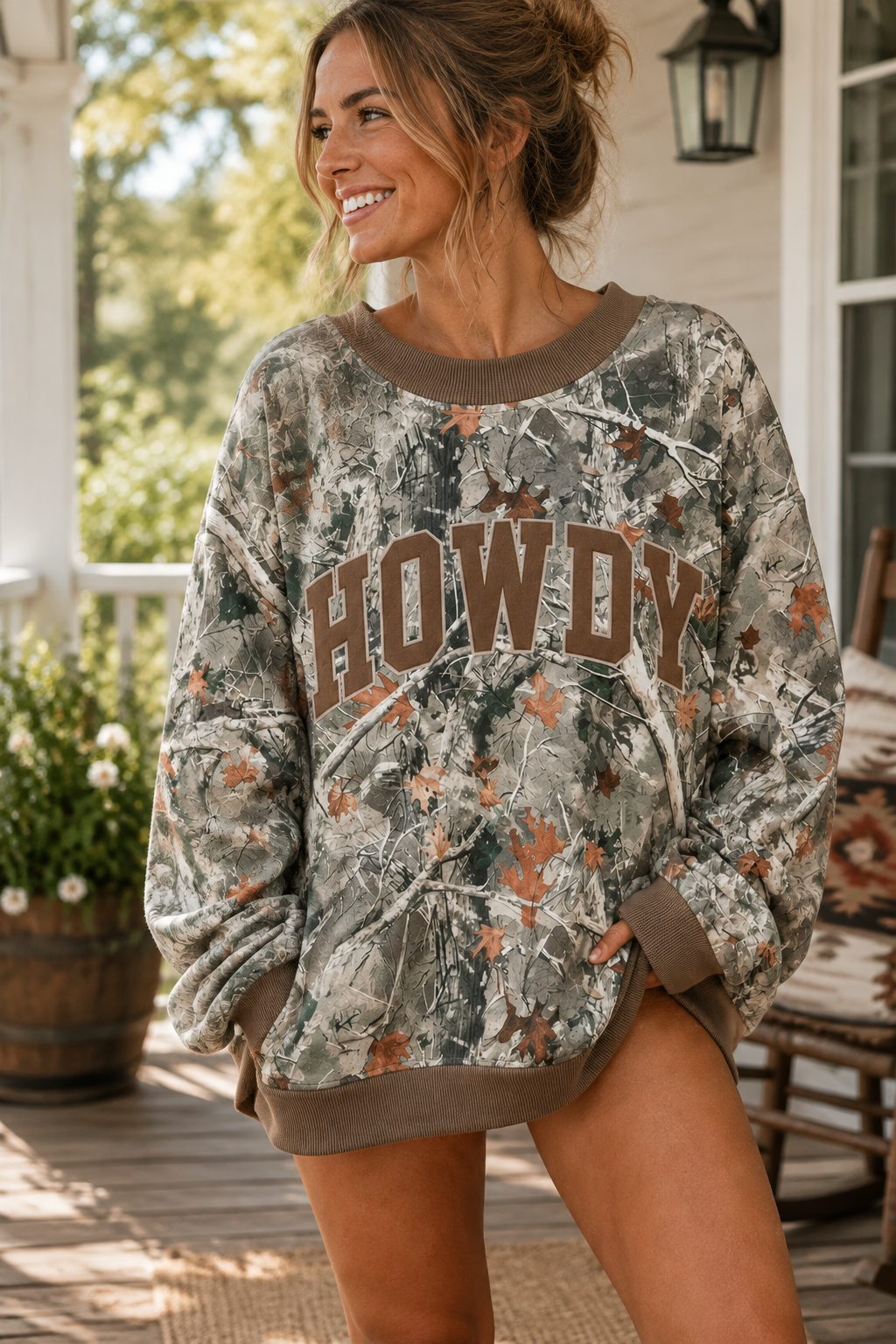Mallard Duck Howdy Camo Oversized Top Southern Crewneck Western  Sweatshirt Contrast Ribbed Trim